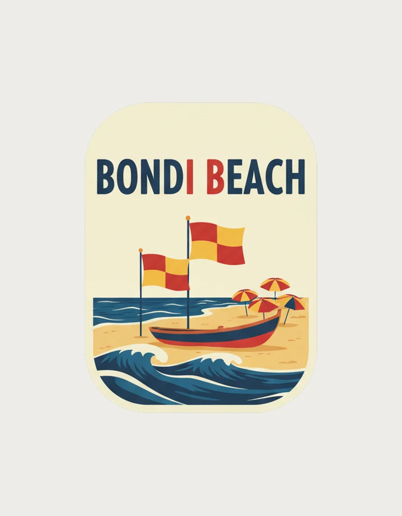 Retro beach poster with red and yellow lifesaver flags, a surf boat, beach umbrellas and waves, titled Bondi Beach - flat print artwork for the bondi beach mug