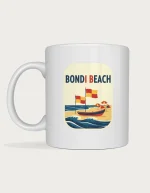 Bondi beach mug: Retro beach poster with red and yellow lifesaver flags, a surf boat, beach umbrellas and waves, titled Bondi Beach