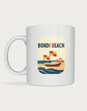 Bondi beach mug: Retro beach poster with red and yellow lifesaver flags, a surf boat, beach umbrellas and waves, titled Bondi Beach