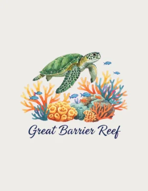 Watercolour green sea turtle swimming over orange and teal coral with small fish, titled Great Barrier Reef - flat print artwork for the great barrier reef mug
