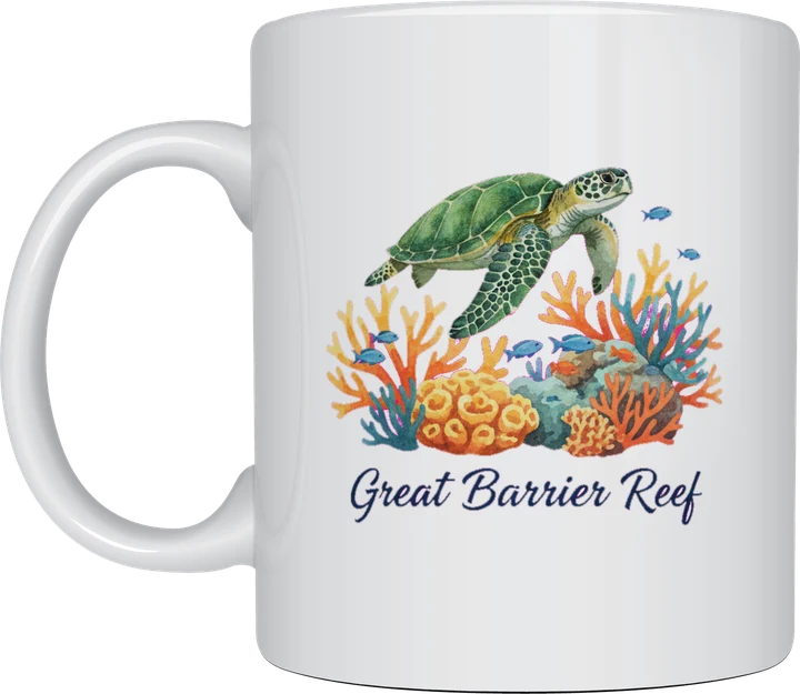 Great barrier reef mug: Watercolour green sea turtle swimming over orange and teal coral with small fish, titled Great Barrier Reef