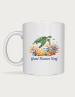 Great barrier reef mug: Watercolour green sea turtle swimming over orange and teal coral with small fish, titled Great Barrier Reef