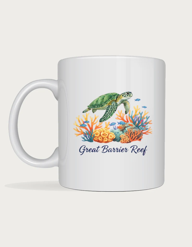 Great barrier reef mug: Watercolour green sea turtle swimming over orange and teal coral with small fish, titled Great Barrier Reef