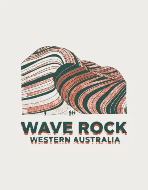 Two-colour risograph print of the striped granite Wave Rock with tiny people at its base, titled Wave Rock, Western Australia - flat print artwork for the wave rock mug