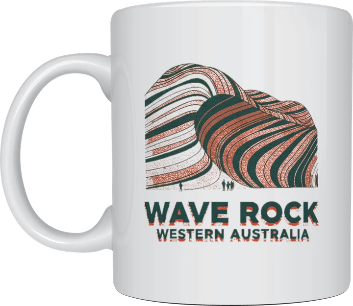 Wave rock mug: Two-colour risograph print of the striped granite Wave Rock with tiny people at its base, titled Wave Rock, Western Australia