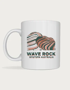 Wave rock mug: Two-colour risograph print of the striped granite Wave Rock with tiny people at its base, titled Wave Rock, Western Australia
