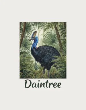 Watercolour southern cassowary standing in lush tropical rainforest with ferns and fan palms, above the word Daintree - flat print artwork for the daintree mug