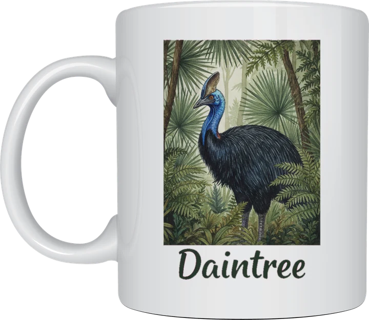 Daintree mug: Watercolour southern cassowary standing in lush tropical rainforest with ferns and fan palms, above the word Daintree