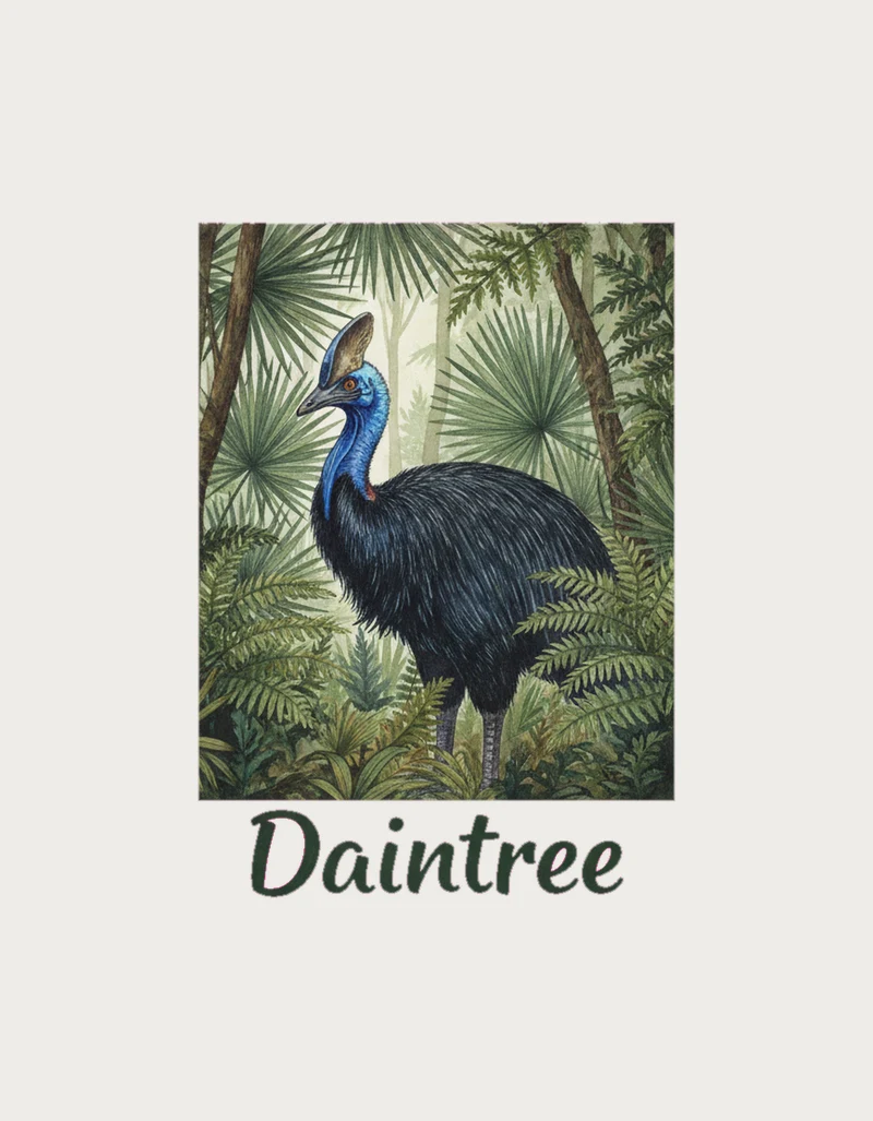 Watercolour southern cassowary standing in lush tropical rainforest with ferns and fan palms, above the word Daintree - flat print artwork for the daintree mug