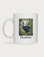 Daintree mug: Watercolour southern cassowary standing in lush tropical rainforest with ferns and fan palms, above the word Daintree
