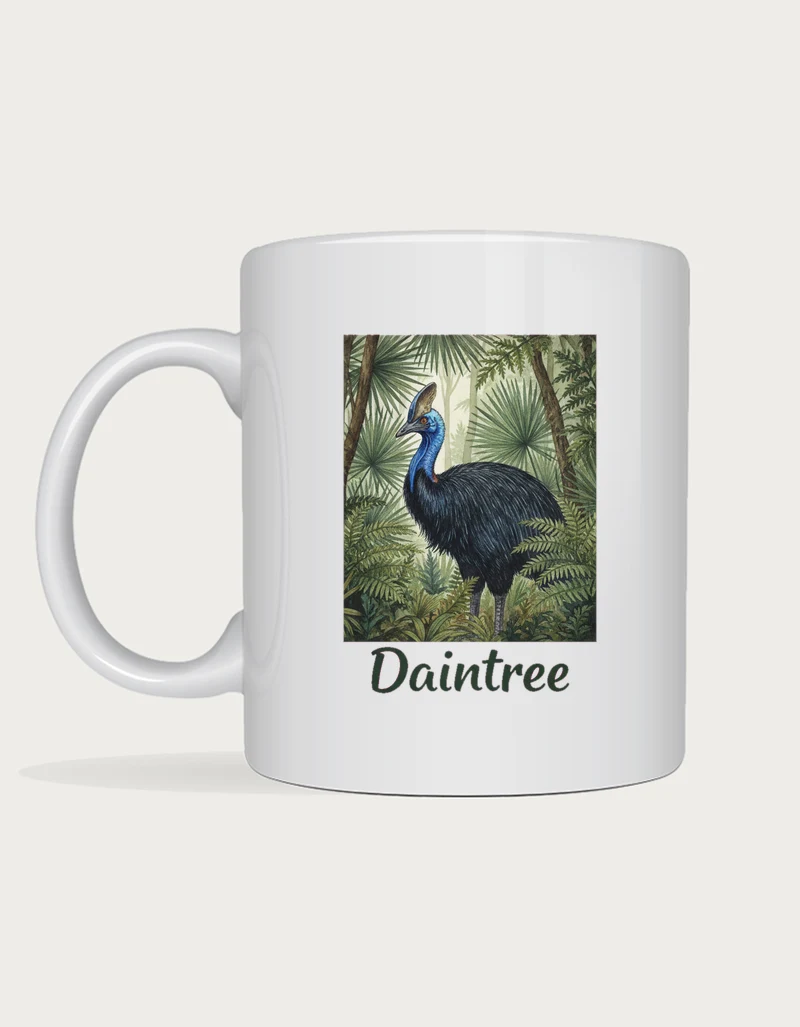 Daintree mug: Watercolour southern cassowary standing in lush tropical rainforest with ferns and fan palms, above the word Daintree