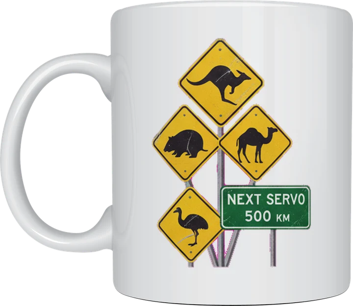 Outback signs mug: Yellow diamond outback road signs showing a kangaroo, wombat, camel and emu, with a green sign reading Next Servo 500 km