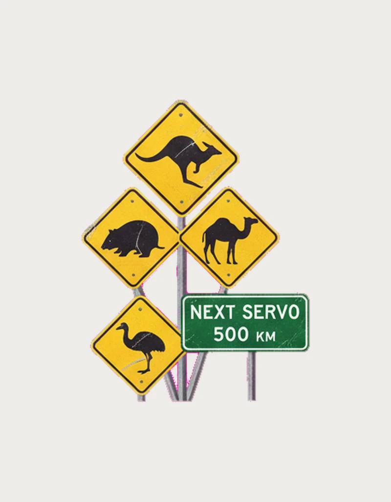 Yellow diamond outback road signs showing a kangaroo, wombat, camel and emu, with a green sign reading Next Servo 500 km - flat print artwork for the outback signs mug