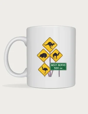 Outback signs mug: Yellow diamond outback road signs showing a kangaroo, wombat, camel and emu, with a green sign reading Next Servo 500 km