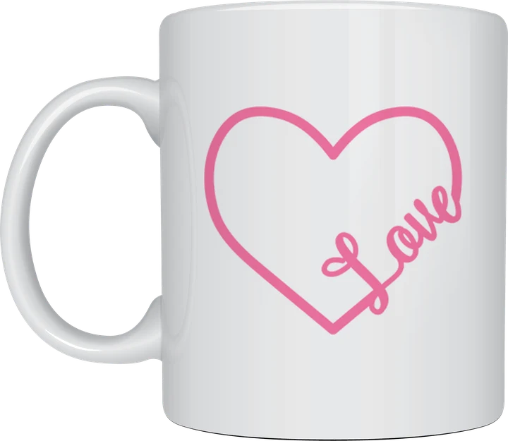 Love mug - pink outline heart with the word Love in script