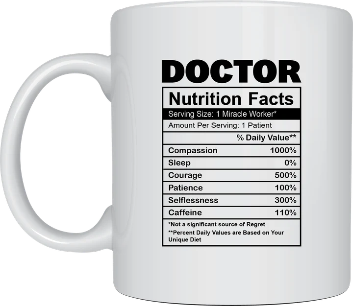 Doctor mug - Doctor Nutrition Facts label listing compassion, courage and caffeine