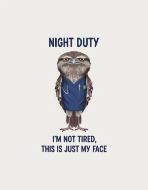 Gouache illustration of a tawny frogmouth wearing scrubs and a stethoscope, night shift nurse design