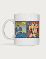 Pop art comic mug of a nurse sitting down with a cup of tea, then frozen in shock as the call bell goes DING
