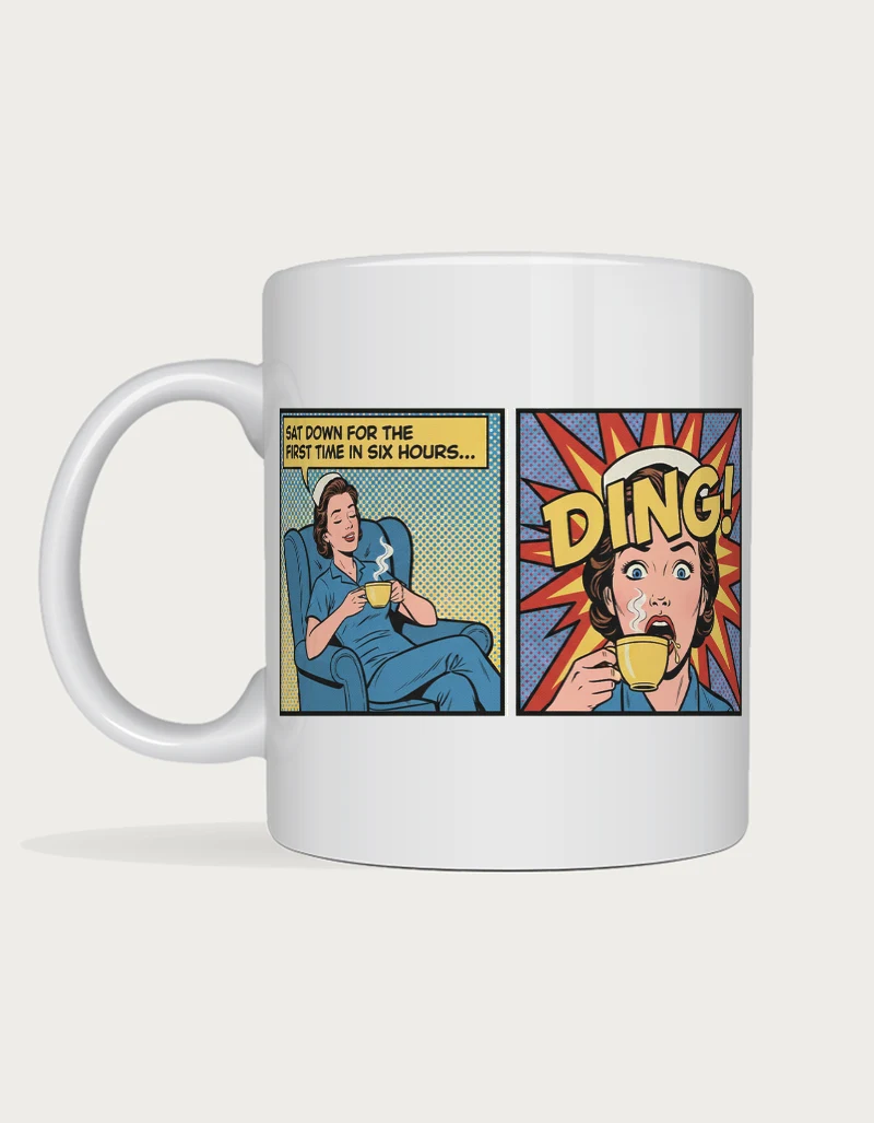 Pop art comic mug of a nurse sitting down with a cup of tea, then frozen in shock as the call bell goes DING