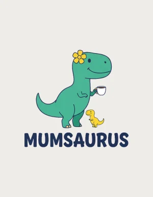 Mumsaurus mug design - teal cartoon T-rex mum with a tiny yellow baby dinosaur, a fun mum mug artwork