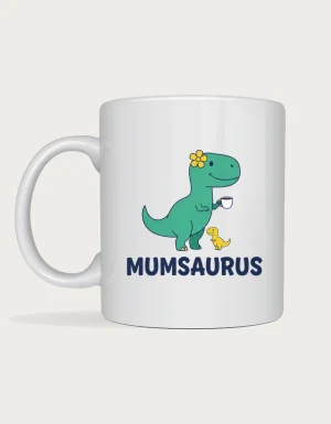 Mum mug - smiling teal T-rex holding a coffee with MUMSAURUS in navy letters printed on a white ceramic mug