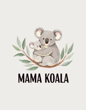 Mama Koala mug design - watercolour koala and joey on a eucalyptus branch framed by gum leaves