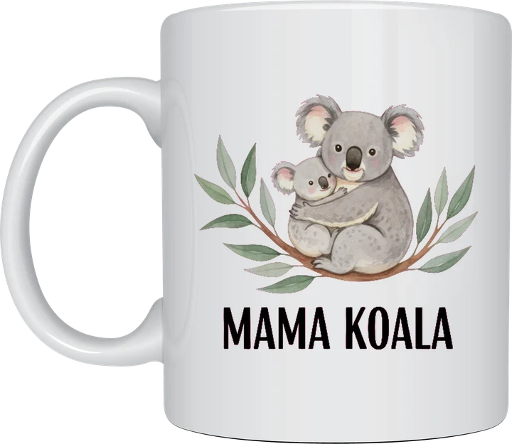 Koala mug - watercolour mother koala cuddling her joey above MAMA KOALA lettering printed on a white ceramic mug
