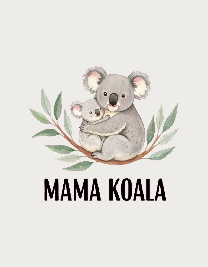 Mama Koala mug design - watercolour koala and joey on a eucalyptus branch framed by gum leaves