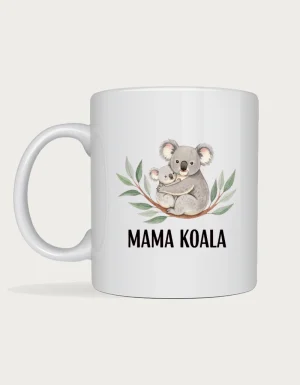 Koala mug - watercolour mother koala cuddling her joey above MAMA KOALA lettering printed on a white ceramic mug