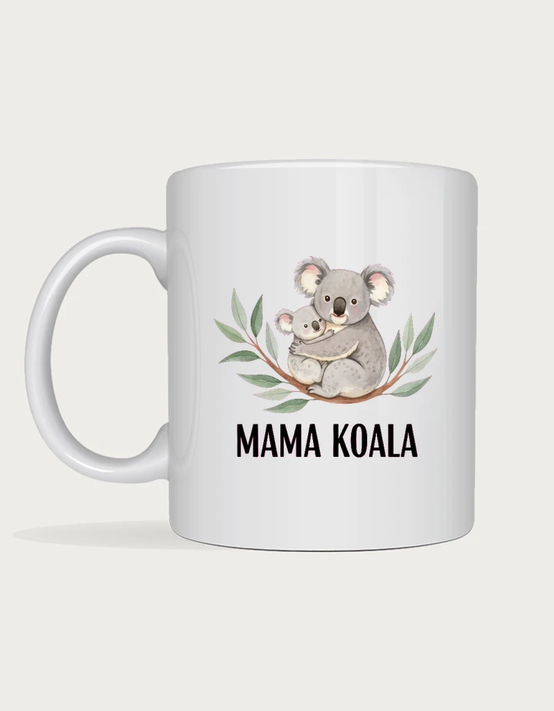 Koala mug - watercolour mother koala cuddling her joey above MAMA KOALA lettering printed on a white ceramic mug