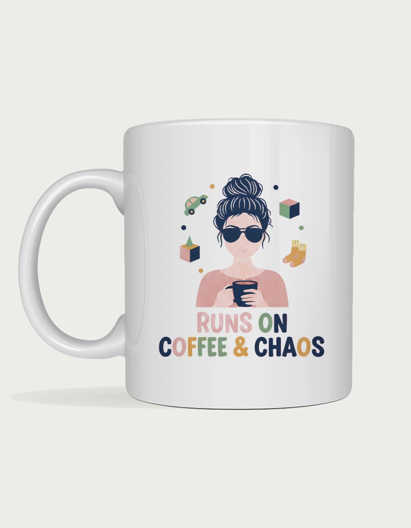 Mum coffee mug - mum with messy bun and sunglasses with RUNS ON COFFEE & CHAOS lettering printed on a white ceramic mug