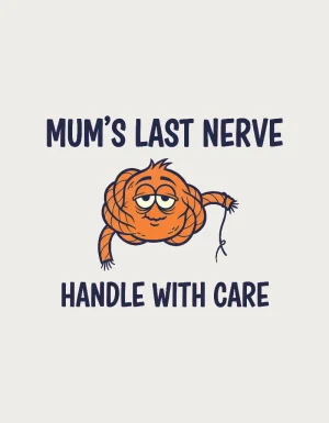 Mum's Last Nerve mug design - cartoon orange rope knot with tired eyes and a frayed thread
