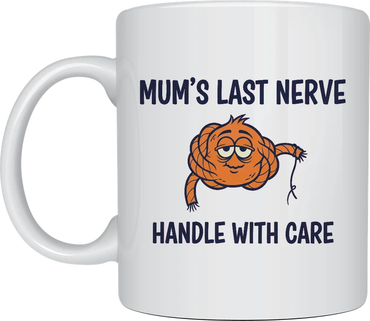 Funny gifts for mum - orange rope knot with droopy eyes and MUM'S LAST NERVE lettering printed on a white ceramic mug