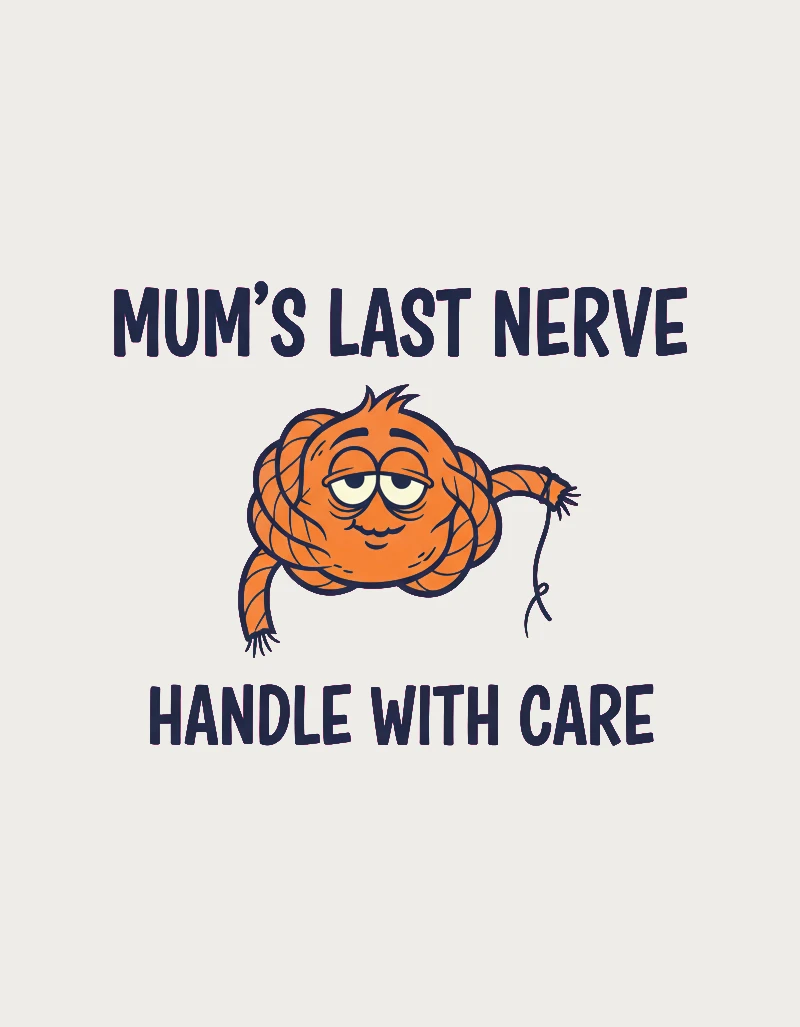 Mum's Last Nerve mug design - cartoon orange rope knot with tired eyes and a frayed thread