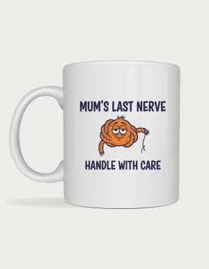 Funny gifts for mum - orange rope knot with droopy eyes and MUM'S LAST NERVE lettering printed on a white ceramic mug