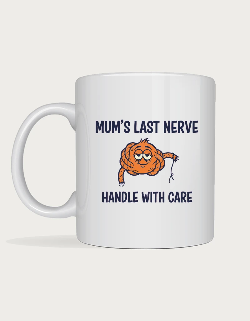 Funny gifts for mum - orange rope knot with droopy eyes and MUM'S LAST NERVE lettering printed on a white ceramic mug