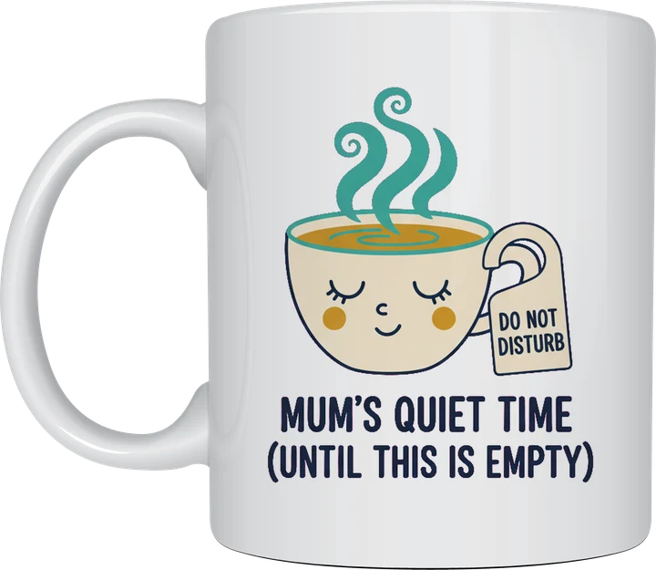 Coffee mug for mum - sleepy coffee cup with DO NOT DISTURB hanger and MUM'S QUIET TIME printed on a white ceramic mug