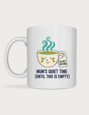 Coffee mug for mum - sleepy coffee cup with DO NOT DISTURB hanger and MUM'S QUIET TIME printed on a white ceramic mug