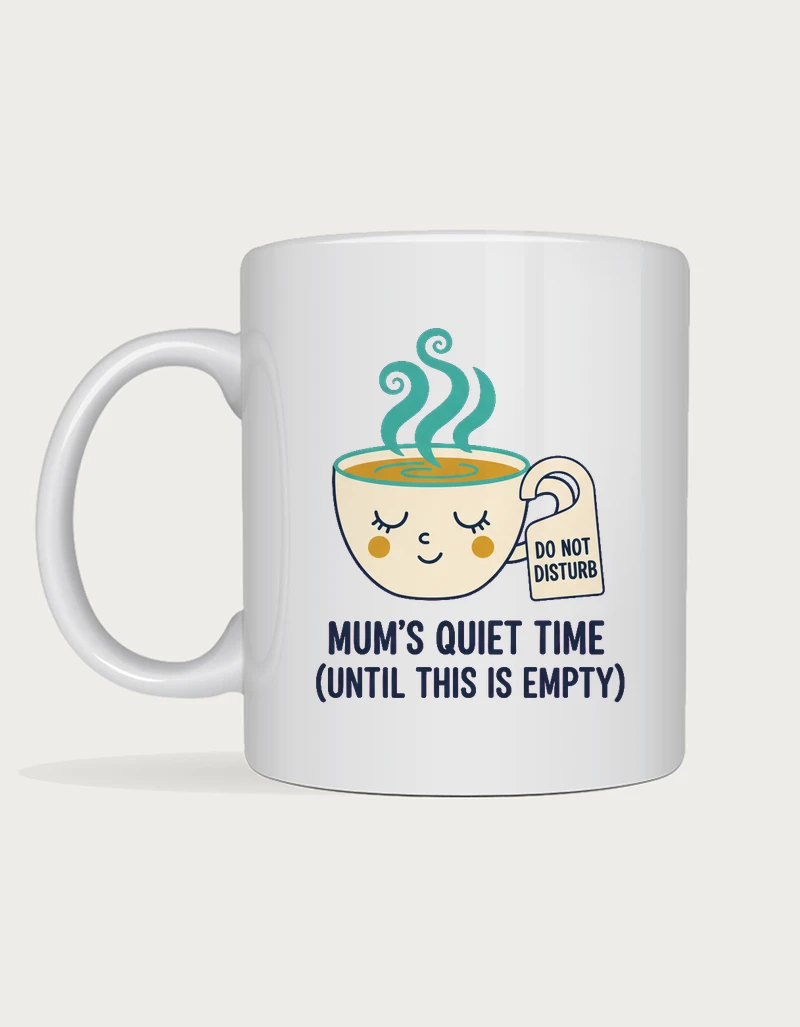 Coffee mug for mum - sleepy coffee cup with DO NOT DISTURB hanger and MUM'S QUIET TIME printed on a white ceramic mug