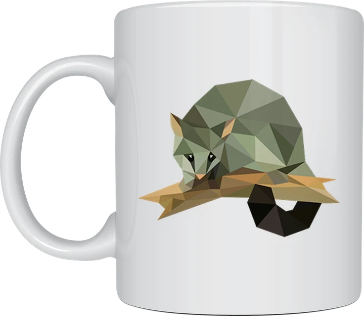 Possum mug - geometric low-poly possum on a branch