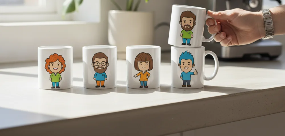 Caricature mugs for an office team lined up on a kitchen bench, each printed with a different staff member