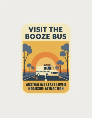 Booze bus mug with a retro travel poster of an RBT van on a highway at sunset, design artwork