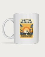 Booze bus mug with a retro travel poster of an RBT van on a highway at sunset