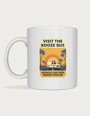 Booze bus mug with a retro travel poster of an RBT van on a highway at sunset