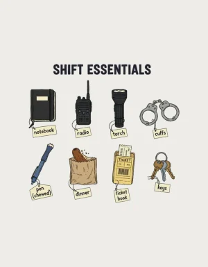 Gift for police officer mug with an illustrated flat-lay of shift essentials, design artwork