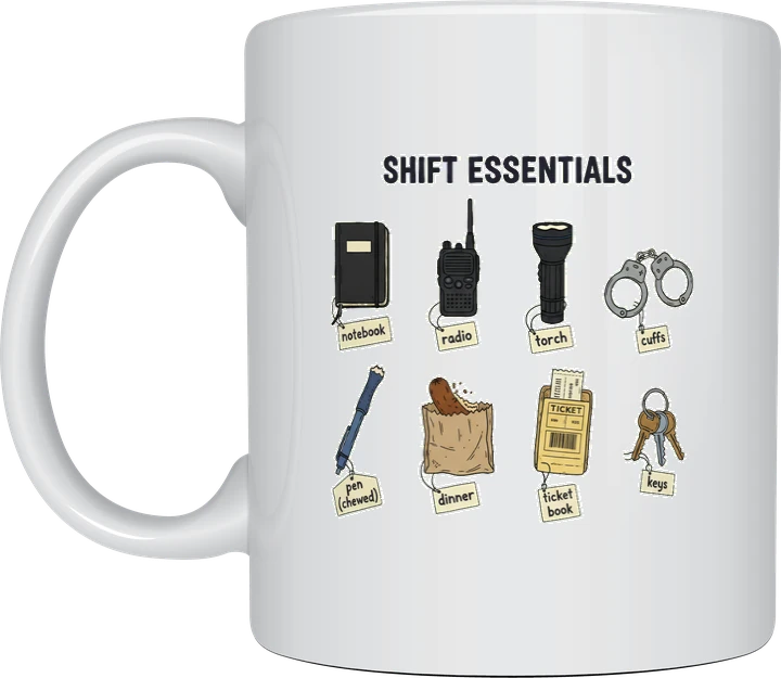 Gift for police officer mug with an illustrated flat-lay of shift essentials