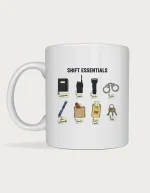 Gift for police officer mug with an illustrated flat-lay of shift essentials