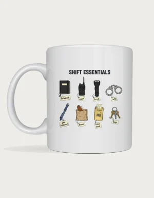 Gift for police officer mug with an illustrated flat-lay of shift essentials