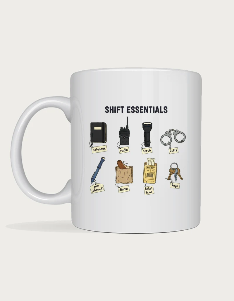 Gift for police officer mug with an illustrated flat-lay of shift essentials