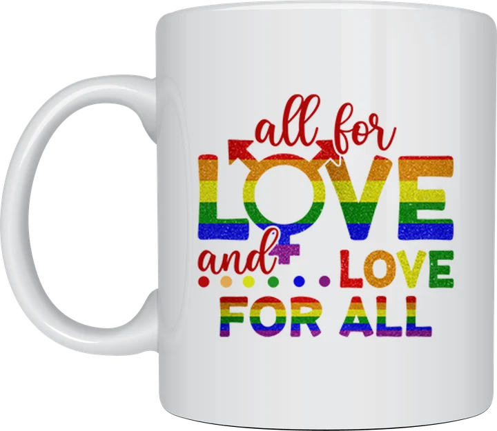 Pride mug - All For Love rainbow lettering design